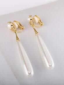 2 chiếc khuyên tai kẹp ngọc trai giả hình giọt nước phong cách Pháp cổ điển, khuyên tai xỏ khuyên dài thanh lịch - Vàng - Xem 8