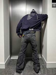 男士复古水洗雪花宽松版型复古街头风美式休闲低腰喇叭牛仔裤，弹力修身喇叭裤，2025春季新款，适合送给丈夫或男友 - 深灰色 - 查看 7