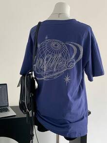 Kaos Wanita Longgar dengan Motif Huruf Rhinestone dan Bahu Jatuh, Kasual Musim Panas - Navy Blue - View 8