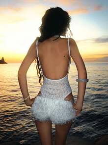 Sexy 2-teiliges Set Frauen Y2K Strandurlaub Jacquard Rückenfreies Ärmelloses Bodysuit + Flauschige Shorts Passender Mitternachtsanzug