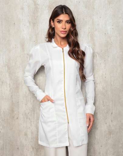 Jaleco Feminino Oxford Ziper  Manga Longa Branco Bianca