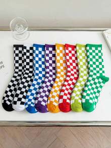 1 Pair Solid Color Checkerboard Pattern Unisex Mid-Calf Socks, Casual Sports Outdoor Wear, Fall - Green - View 15