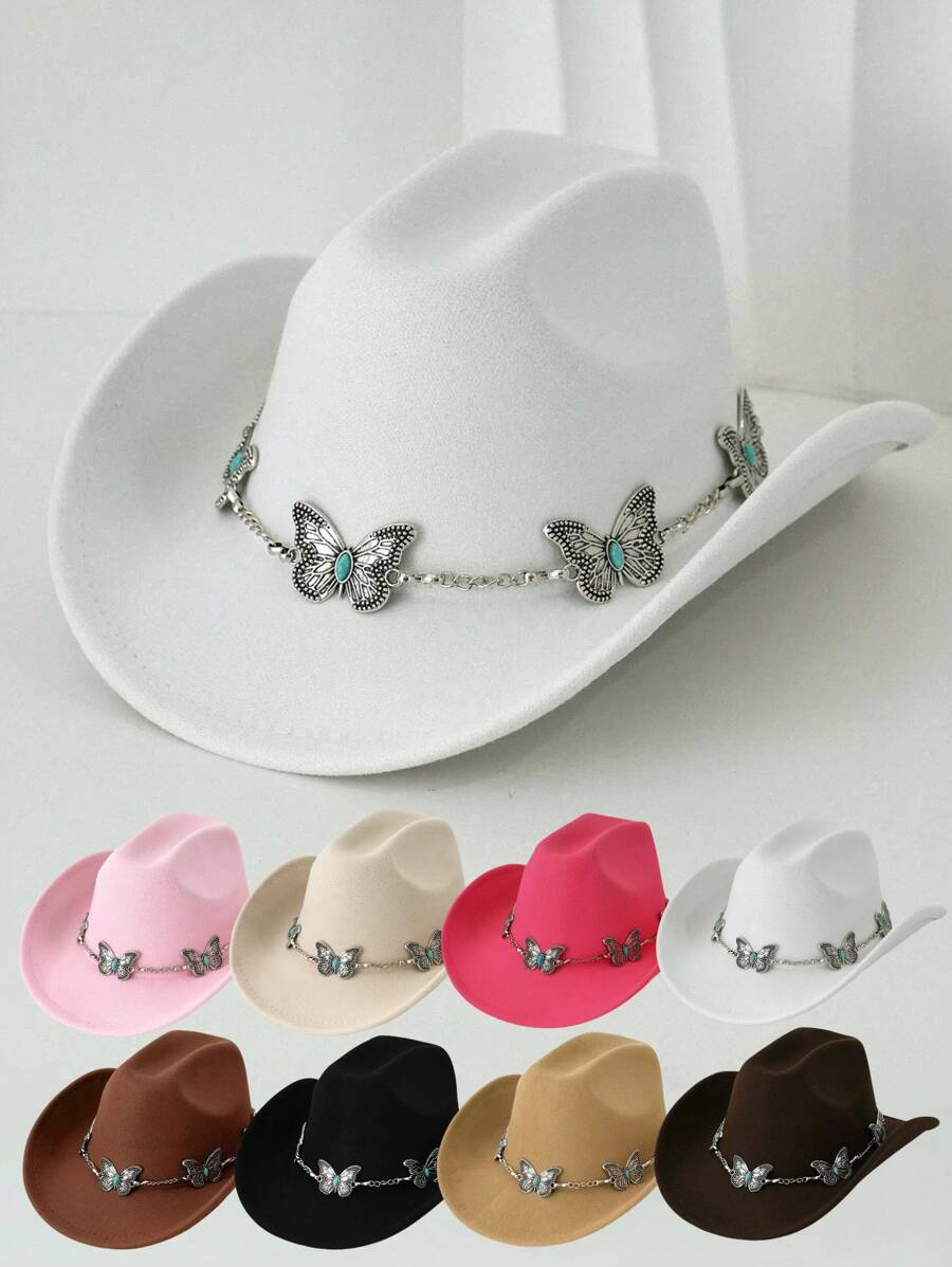 1 Stück universeller weicher Hut Westernhut mit Metall-Schmetterling-Accessoire, ist eine modische Rückkehr zur Schulsaison, geeignet für Western-Themen-Events, Halloween, Rollenspiele, Abschluss, Musikfestivals und Outdoor-Sport