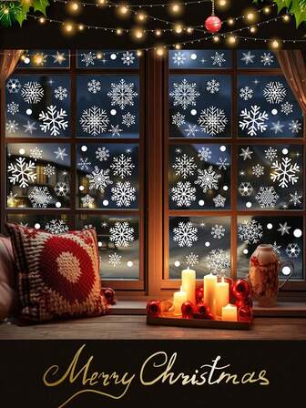 137 piezas Pegatinas de ventana de vidrio navideñas - 4 pegatinas de ventana navideñas con copos de nieve, decoraciones navideñas, pegatinas de ventana navideñas, pegatinas de ventana de invierno, 4 hojas/set, 137 piezas de pegatinas de ventana con copos de nieve, decoraciones navideñas, decoraciones de fondo de puerta de invierno, pegatinas de vidrio estático con copos de nieve blancos