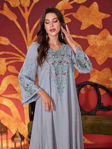 Women's Round Neck Embroidered Elegant Bubble Pearl Everyday Arabian Dress - Sky Blue - View 9