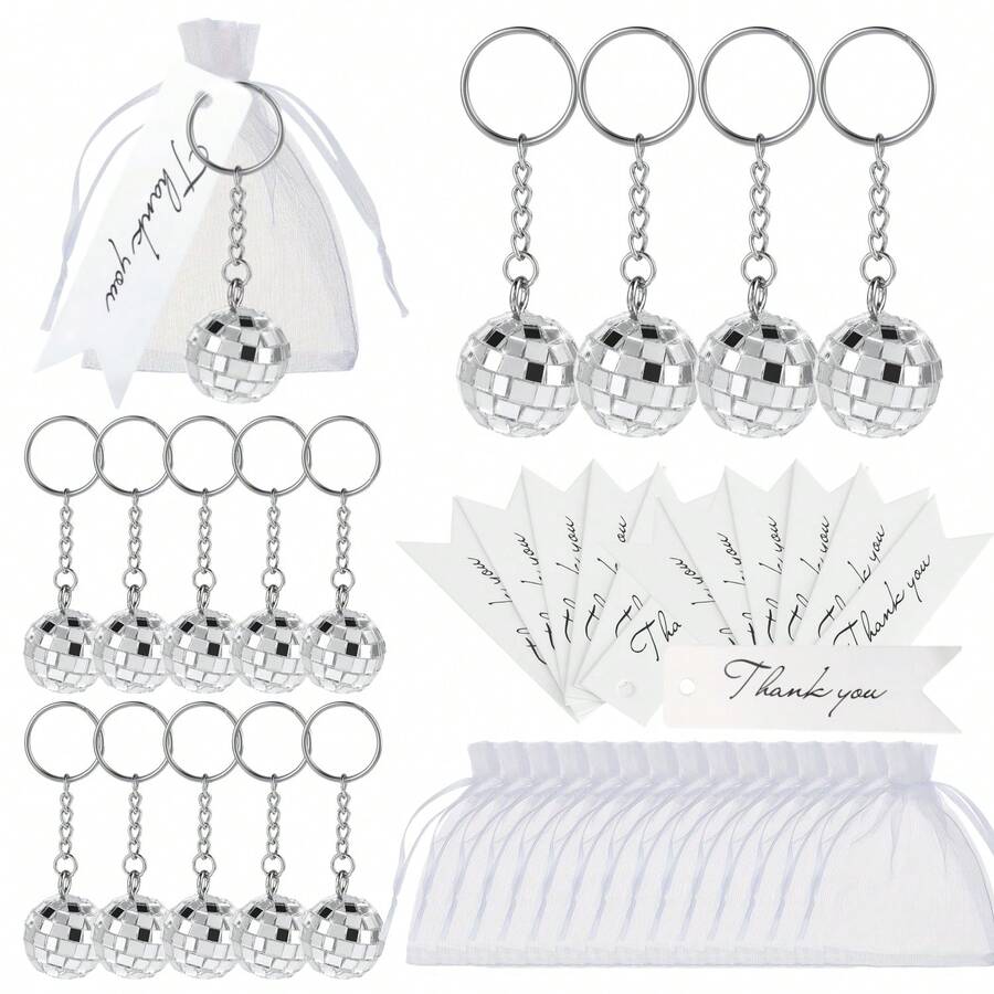 42pcs -14 Sets Disco Ball Keychain Gift Bag With Thank You Cards, For Carnival Birthday Celebrations, 1970s Party Favorites Key Chain, For Christmas Halloween Graduation Thanksgiving Wedding Party Favors, Party Supplies - 銀色 - 查看 1
