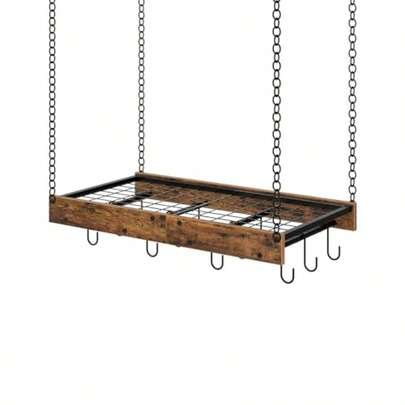 Estante colgante para ollas vintage, soporte para colgar ollas para techo de cocina, estante colgante para ollas y sartenes con 12 ganchos en forma de S para almacenamiento de utensilios de cocina, marrón rústico y negro TPR01BFgift