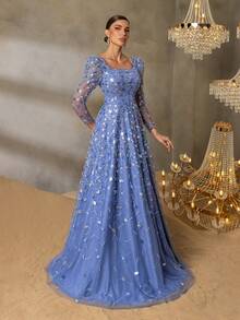 Faeriesty 华丽的珠饰亮片晚礼服，长袖修身设计，搭配奢华的薄纱罩衫和耀眼的灯光效果，是出席正式晚宴、红毯活动和盛大庆典的理想之选。 - 霧霾藍 - 查看 5