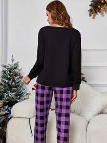 2Pcs Pajama Sets For Women, Long Sleeve T-Shirt & Elastic Waist Trousers Pj Set, Valentine Outfits For Women - 紫色 - 查看 3