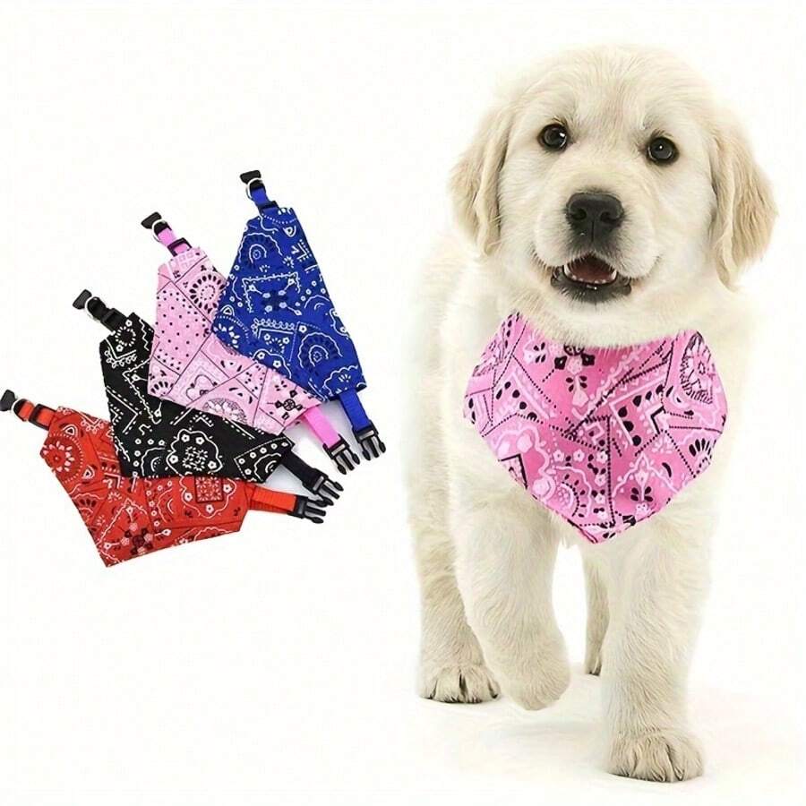 1pc Adjustable Printed PU Triangle Pet Bib For Medium-Sized Dogs Including Leash Hook - Blue - View 1