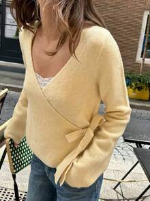 Women's Wrap Front Deep V Neck Sweater - Long Sleeve Side Tie Cropped Slim Fit Knit Top - 黃色 - 查看 1