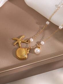 1 Set Ozean-Elemente-Stil weiße Kunststoff-Perlenkette mit Edelstahl-Muschel- und Seestern-Anhänger, geeignet für den täglichen Gebrauch von Frauen oder den Strandurlaub