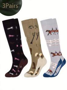 3 Pairs Of Women's Riding And Knee,High Socks, Comfortable Outdoor Women's Socks, Animal Party Riding Gifts, Socks For Horse Lovers, Novelty Socks For Mothers, Girlfriends, Ladies, Men, And Teenagers, New Knee,High Socks With Horse Patterns, Christmas Gifts, Party Gifts., Y2k, Cozy Socks - Multicolor - View 1