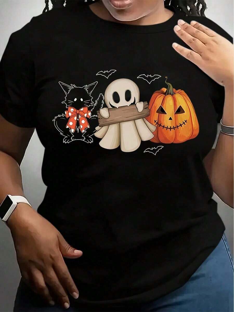 Women'S Halloween Graphic Tee - Soft ,Durable Round Neck Casual Top For Spring, Summer, And Fall - Machine Washable100% Heavy Cotton T-Shirt Graphic Tees Women - 黑色 - 查看 1
