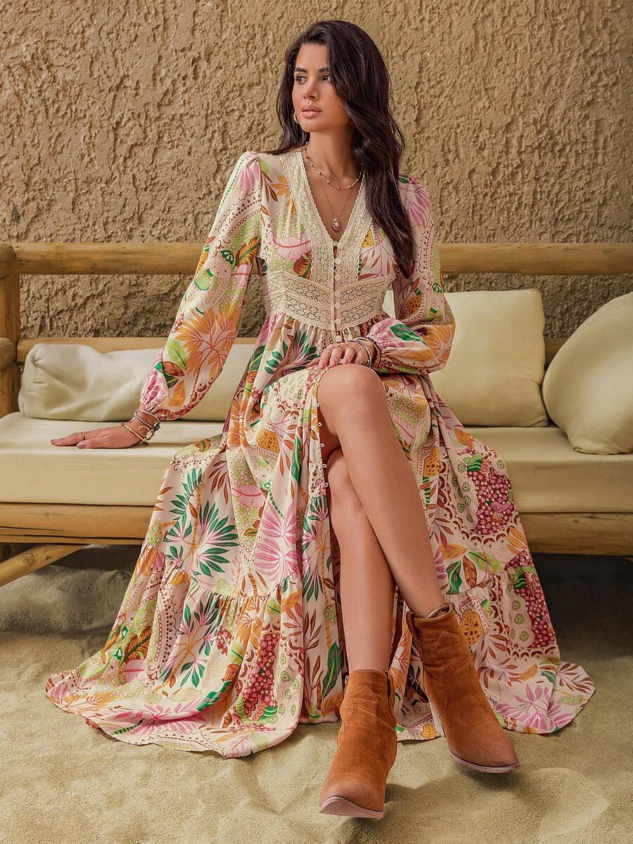 Rusttydustty Women Plus Size Bohemian Floral Lace Long Sleeve Leisure Dress Music Festival Beach Vacation Pink Spring Elegant - Pink - View 1