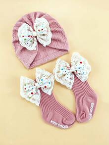 Conjunto de diadema, gorro y calcetines con estampado floral para bebé de 0 a 6 meses, gorro y calcetines para recién nacido, para todas las estaciones - Multicolor - Ver 4