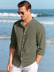 Runcati Men Linen Shirt Button Down Long Sleeve Cotton Beach Band Collar Casual Summer Shirts - 軍綠色 - 查看 1