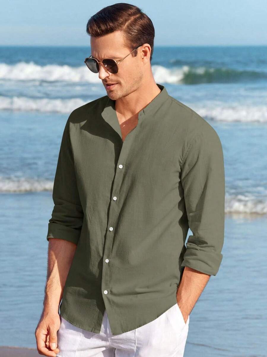 Runcati Men Linen Shirt Button Down Long Sleeve Cotton Beach Band Collar Casual Summer Shirts - 軍綠色 - 查看 1