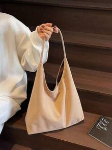 1 件女士大容量单肩包，复古绒面腋下包，上班出游的高端通勤托特包，磨砂纹理大手提包带内衬，秋冬 - 卡其色 - 查看 3