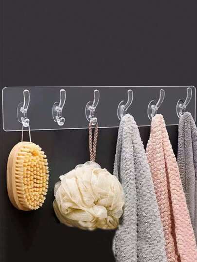 1pc 6-Slot Adhesive Hooks, No Drilling Required, Transparent Plastic Hooks, Rust-Proof, Suitable For Bathroom, Kitchen And Living Room, Multi-Functional Storage Solution, Practical Hanging Hooks
