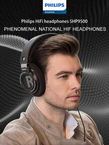 PHILIPS 飞利浦音频 SHP9500 HiFi 精密立体声罩耳式耳机（黑色），有线立体声音乐耳机，带 3.5 毫米和 6.3 毫米接口，适用于电脑、笔记本电脑、智能手机、录音室监听和混音，DJ 立体声耳机，具有噪音隔离、高分辨率音频、深沉低音和极佳舒适度