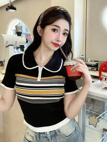 Women's Casual Contrast Striped Pattern Contrast Binding Half Zip Collared Knit Top - Black - View 7