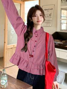 Women's Autumn/Winter Blue Plaid Hem Ruffle Patchwork Shirt, Casual Wear, Commuting, Long Sleeve Blouse, Cropped Top