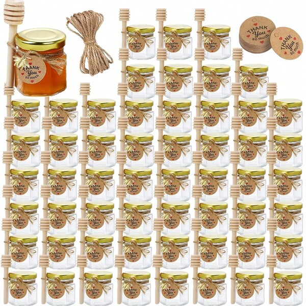 12/24/36/48 Stücke Honiggläser, Mini Honigglas Party Gastgeschenke in Großpackung, kleine sechseckige Glas Honiggläser, Glas Aufbewahrungsbehälter mit Deckeln, goldene Deckel, Anhänger und Jute, geeignet für Babypartys und Hochzeitsgeschenke.