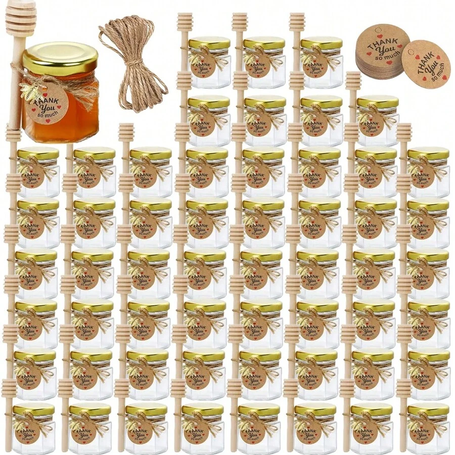 12/24/36/48 szt. słoików na miód, miniaturowe słoiki na miód jako upominki na przyjęcia, małe sześciokątne szklane słoiki na miód, szklane pojemniki do przechowywania z pokrywkami, złote pokrywki, zawieszki, wisiorki i juta, odpowiednie na baby shower i prezenty ślubne.