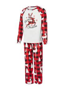Christmas Family Pajamas Matching Set Elk Print Long Sleeve Tops And Red Plaid Pants Sleepwear - Đỏ - Xem 4