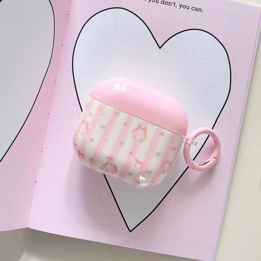 兔子条纹和花卉双层耳机盒 + 吊坠套装，适用于 Apple Pro 2 保护套/Pro 保护套/4 保护套/3 保护套/2 保护套，时尚女士耳机盒，简约耳机盒，Apple 耳机盒，Apple 耳机保护套 - 粉色 - 查看 1