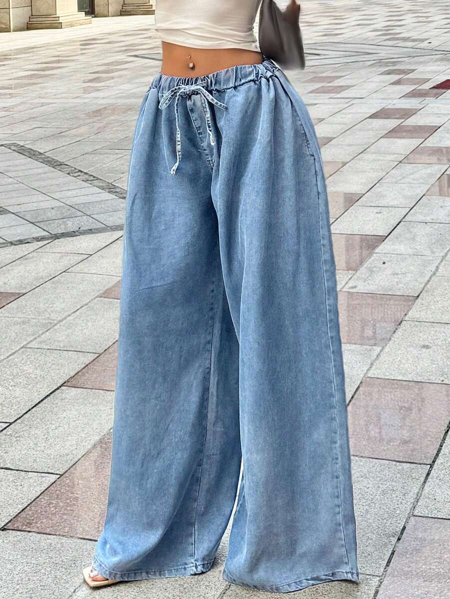 Jeans Pants For Women High Waisted Drawstring, Loose And Breathable Ultra-Thin Denim Commuting Casual Pants - Rửa nhẹ - Xem 1