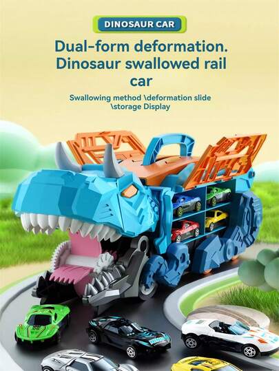 三合一恐龙变形吞食三角龙工程运输车，室内/室外皆可使用，可折叠收纳，轨道滑行，亲子互动，适合3-12岁男孩女孩的益智玩具，圣诞礼物（型号和颜色随机）