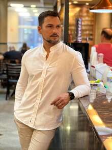 Men's Padre Collar Long Sleeve Shirt - Off White - 查看 1