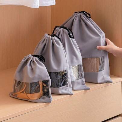Drawstring Faux Suede Travel Shoe Bag With Carry Handle Storage Dust Cover Bag With PVC Clear Window School Supplies Bag Organizer Winter