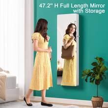 LED Mirror Jewelry Cabinet,47.2" Wall Mounted Jewelry Organizer With Full-Length Mirror,Over The Door Hanging Jewelry Armoire Storage Cabinet,Folding Dresser,2 Drawers,Lockable, 3 Shelves - 白色 - 查看 3