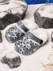 1 双男童可爱足球熊猫印花保暖防滑室内拖鞋，适合冬季 - 深灰色 - 查看 5