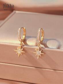 Hihho 1 Đôi bông tai hình ngôi sao 8 cánh, thời trang & quyến rũ dành cho nữ, bông tai tinh tế & hấp dẫn, đính đá Zirconia lấp lánh hình ngôi sao 8 cánh, kết hợp ngôi sao phù hợp với trang phục hàng ngày - Vàng - Xem 1
