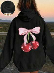 Sudadera holgada de manga larga con capucha y estampado de patrón MILANO minimalista casual para mujer - Negro 2 - Ver 4