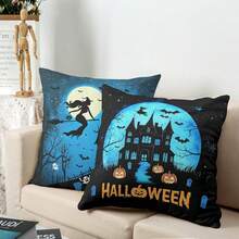 2 pièces Taie d'oreiller d'Halloween Château de sorcière Taie d'oreiller Horreur Pleine lune Nuit Taie d'oreiller Chauve-souris Fantôme Citrouille Housse de coussin Fête de vacances Décoration de maison Canapé Simple sans rembourrage - Bleu azur - Voir 4