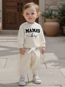 Newborn Baby Boys Outfit Waffle Knit Long Sleeve Mama's Boy Embroidery Sweatshirt Top Pants Set Infant Bodysuit Fall Winter Clothes - 卡其色 - 查看 2