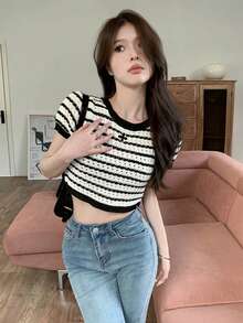 女式撞色条纹圆领插肩针织打底 T 恤，全新夏季百搭上衣 - 黑與白 - 查看 6