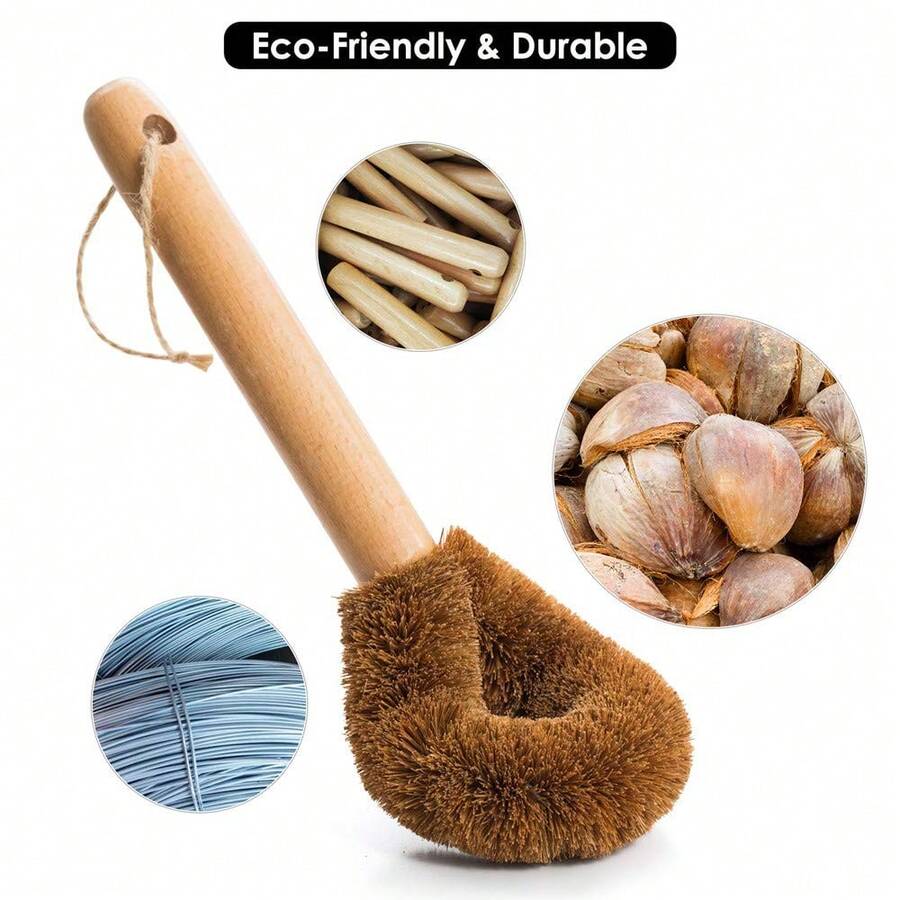 1pc Wooden Dish Brush, Natural Coconut Fiber Scrubber Brush, Long Handle Pot And Pan Cleaner, Tough On Grease And Grime, Comfortable Grip For Easy Use, Ideal For  Kitchen Living, Reduces Plastic Waste In Home (Random Color) - 棕色 - 查看 1