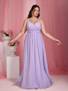 Mgiacy Solid Color Lace Patchwork Backless Halter Bridesmaid Dress - Lilac Purple - View 5