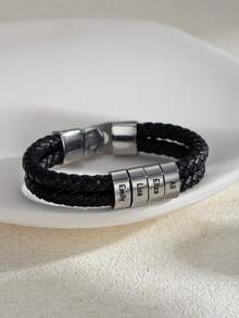 1pc Personalized Engraved Name & Photo Leather Cord Bracelet, Minimalist Black Braided Leather Cord Multi-Name Custom Bracelet With Photo, Stainless Steel Multi-Name Photo Bracelet Gift For Dad, Father's Day, Valentine's Day, Birthday, Anniversary - Multicolor - View 27