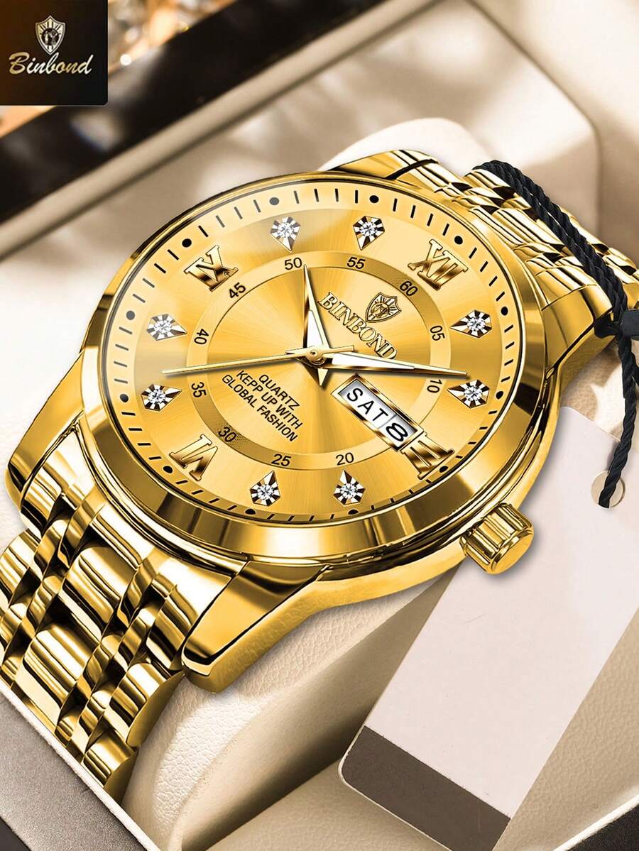 BINBOND Luxury Watch For Man Elegant Date Week Waterproof Luminous Men Watch Quartz Stainless Steel Sports Men's Watches - Vàng - Xem 1
