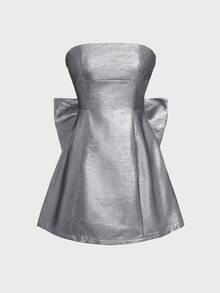 2025 New Sexy Sequin Design Slim Fit Off Shoulder Strapless Mini Dress, Chic Bow Accent, Metallic Coating, High Waist, Suitable For Christmas, Thanksgiving, Dates, Parties, Gatherings - Silver - View 2