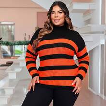 Plus Size Cold Knit Cacharrel Blouse With Thick Stripes And High Neck For Women - Orange - View 3