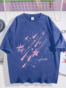 EWH Vintage Distressed, Meteor Print T-Shirt, Men's Short Sleeved, Loose Fit, Short Sleeved TopDG0004 - 藍色 - 查看 1