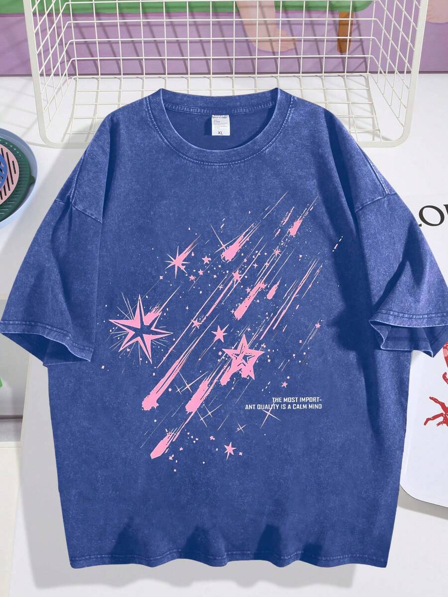 EWH Vintage Distressed, Meteor Print T-Shirt, Men's Short Sleeved, Loose Fit, Short Sleeved TopDG0004 - 藍色 - 查看 1